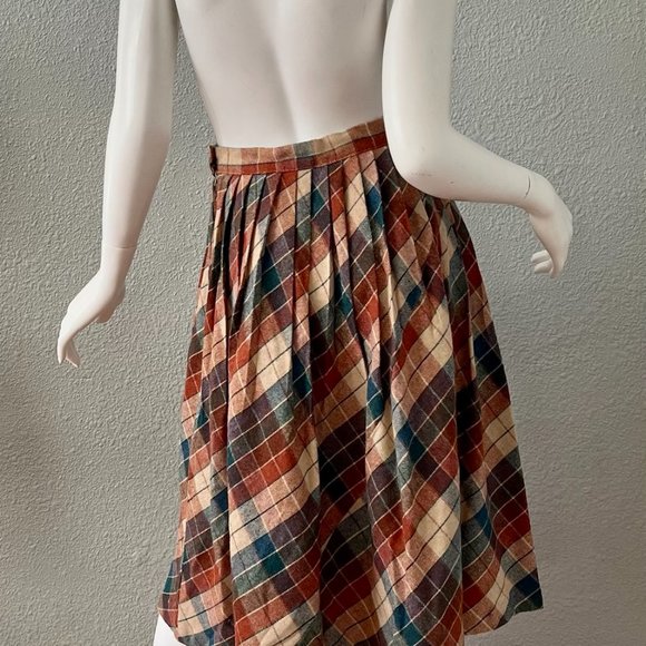 Vintage 70s High Waist Plaid Wool Pleated A-line Midi Skirt XS/S - Picture 9 of 10